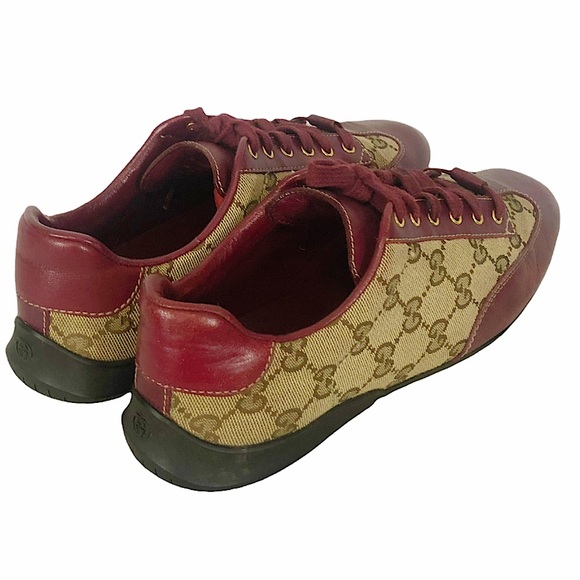GUCCI Maroon Leather Tan Monogram Lace Up Sneakers 270105 - Picture 8 of 16